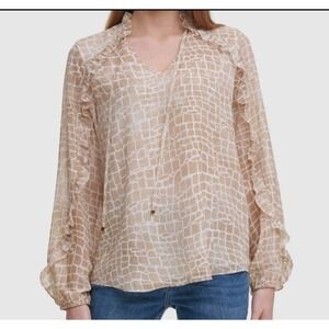 Calvin Klein Ruffle V-Neck Blouse Womens Small Tan White giraffe Print Top
